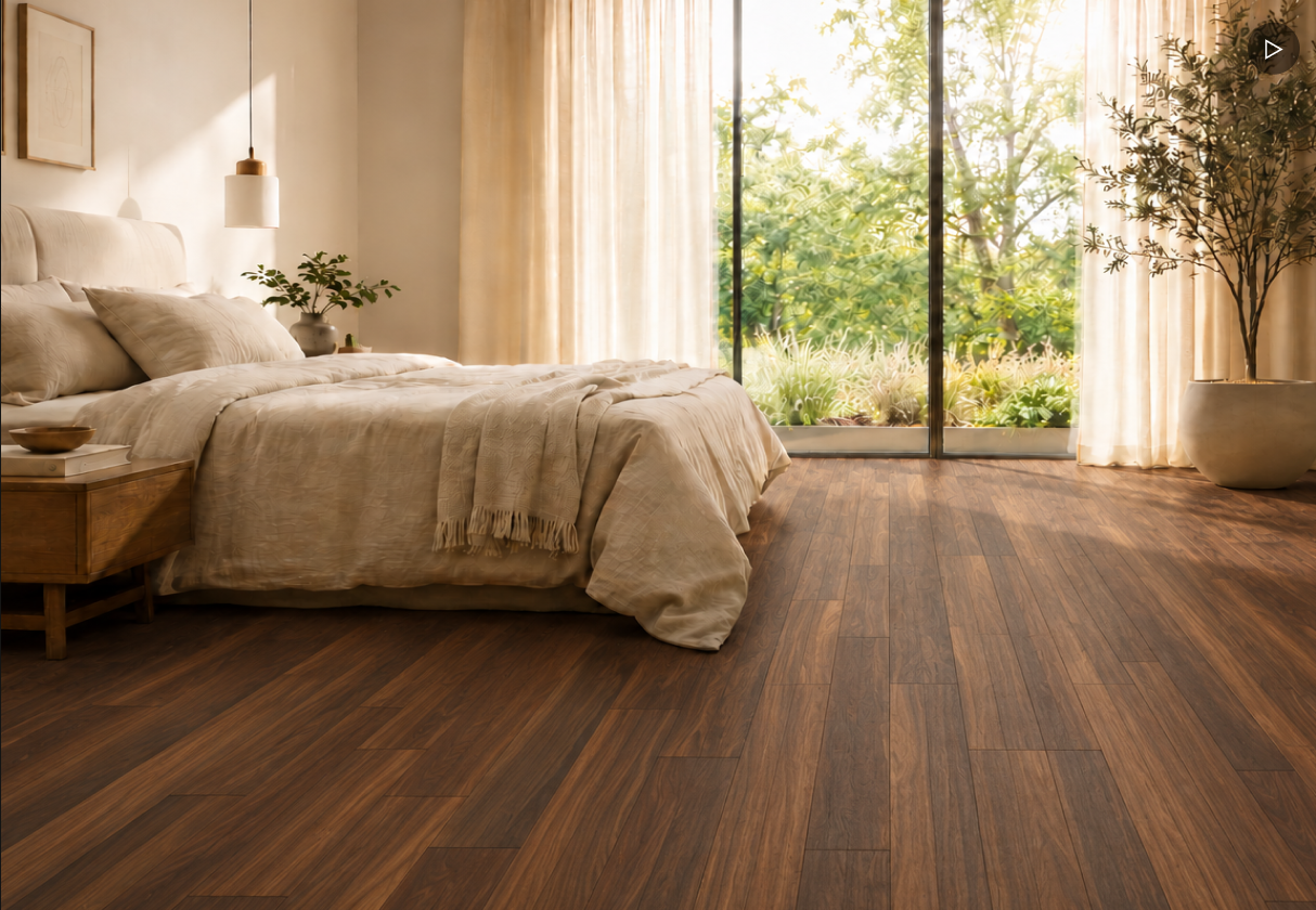 HDF Laminated Flooring bedroom installation with natural sunlight and hardwood finish